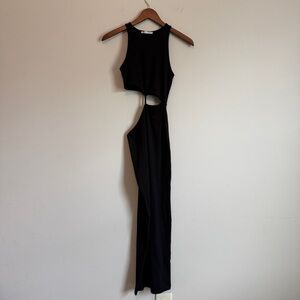 Zara Black Side Cutout Maxi Dress S Sleeveless Ribbed Knit Bodycon Minimalist